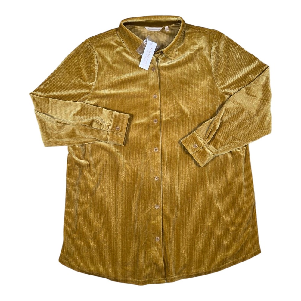 New Soft Surroundings Textured Velvet Boyfriend Shirt Green Womens 1X‎